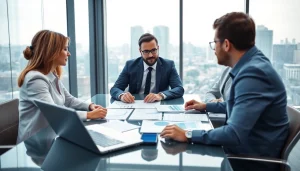 Superfund accountant assisting clients in a modern office setting with financial charts and software.