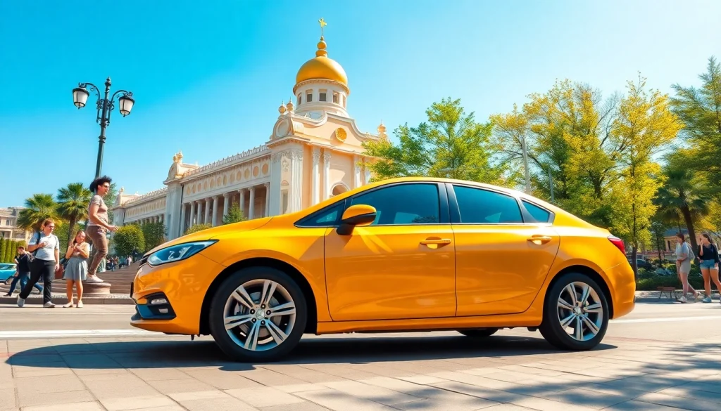 A scenic view of a modern car rental (avtoprokat) in Chișinău showcasing a stylish vehicle against a vibrant city backdrop.