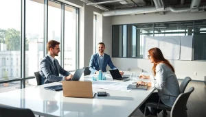 Biuro rachunkowe dla firmy budowlanej w nowoczesnym biurze z przyjaznym księgowym i planami budowlanymi.