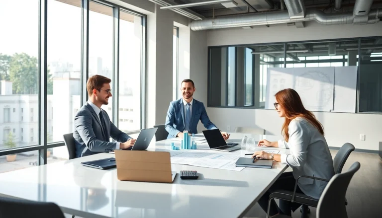 Biuro rachunkowe dla firmy budowlanej w nowoczesnym biurze z przyjaznym księgowym i planami budowlanymi.