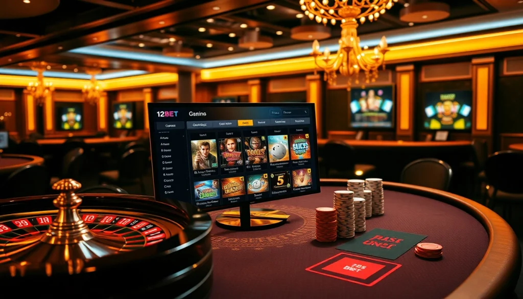 12bet's online gambling interface showcasing a vibrant casino scene with roulette and poker elements.
