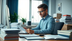 Professional translator performing tradução juramentada in a modern office setting.