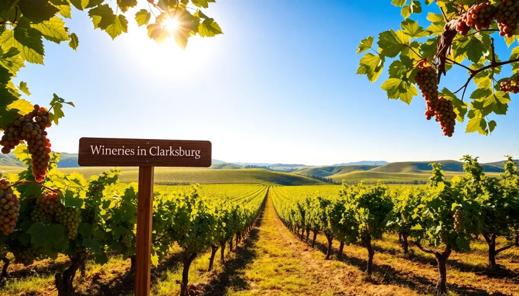 Experience wineries in Clarksburg amidst picturesque vineyards and golden sunlight.