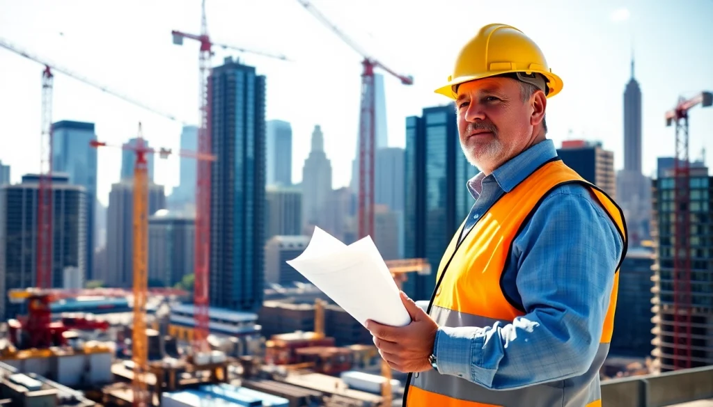 New York City Construction Manager managing a bustling construction site with cranes and blueprints.
