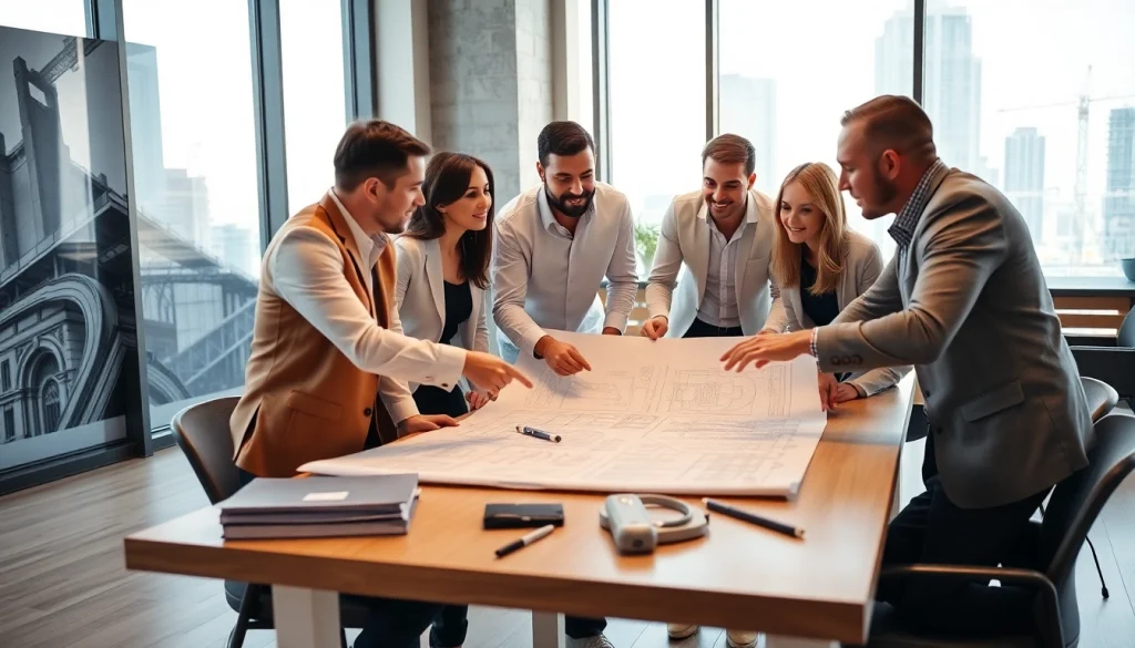 Engaged team in construction advocacy carolinas discussing plans in a modern office setting.
