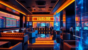 Hello88 online betting lounge with modern decor and interactive screens showcasing live betting options.