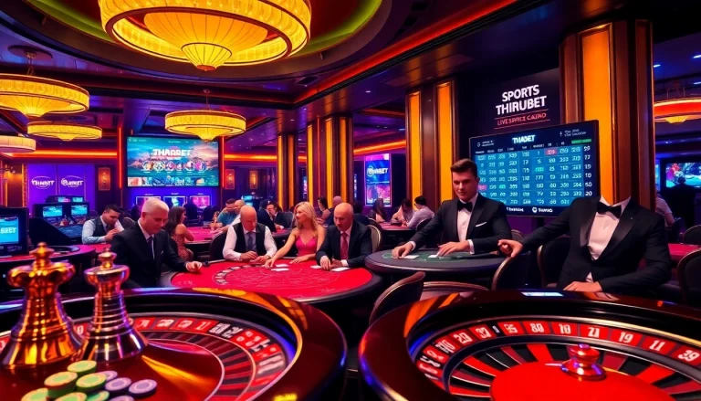 Experience the excitement of gambling at THABET with professional poker games and vibrant casino visuals.