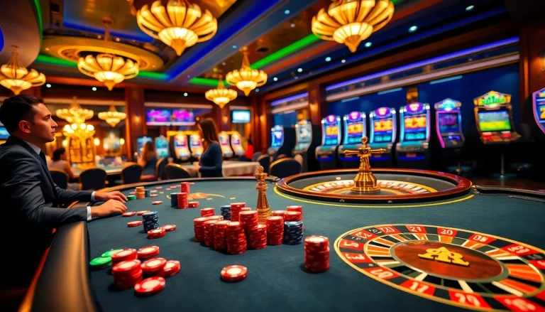Players enjoying a vibrant poker game at Fun88 casino, surrounded by colorful chips and a roulette wheel.