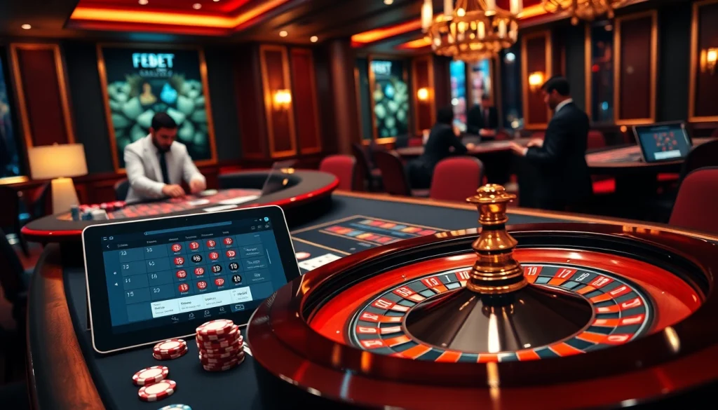 Dynamic casino gameplay at https://febet8.com featuring poker chips and a vibrant roulette wheel.