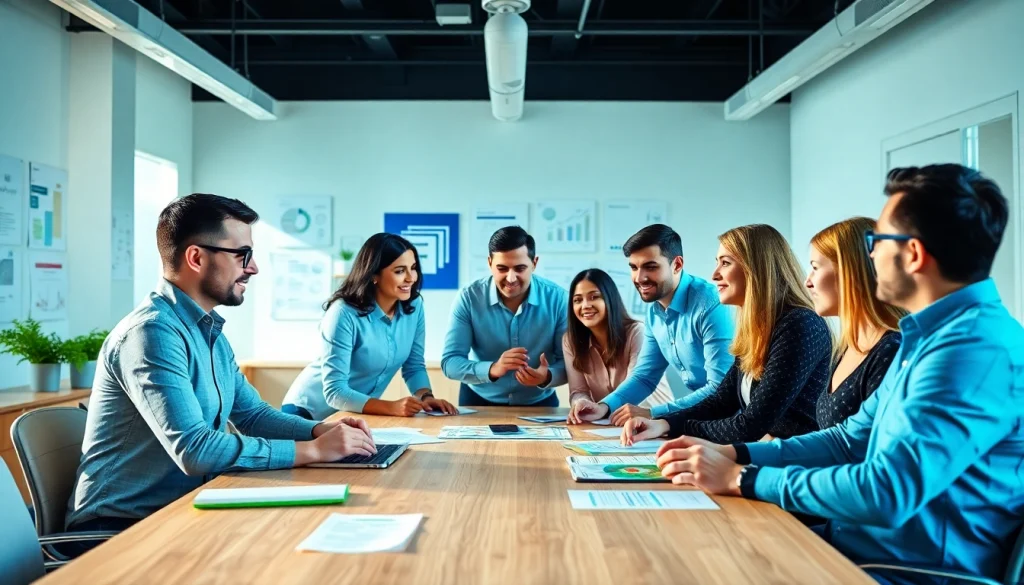 Engaged team discussing strategies for online marketing edmonton in a modern office setting.