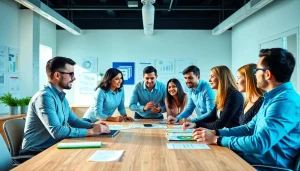 Engaged team discussing strategies for online marketing edmonton in a modern office setting.