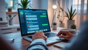 在现代、舒适的家庭办公室环境中使用 WhatsApp Web。