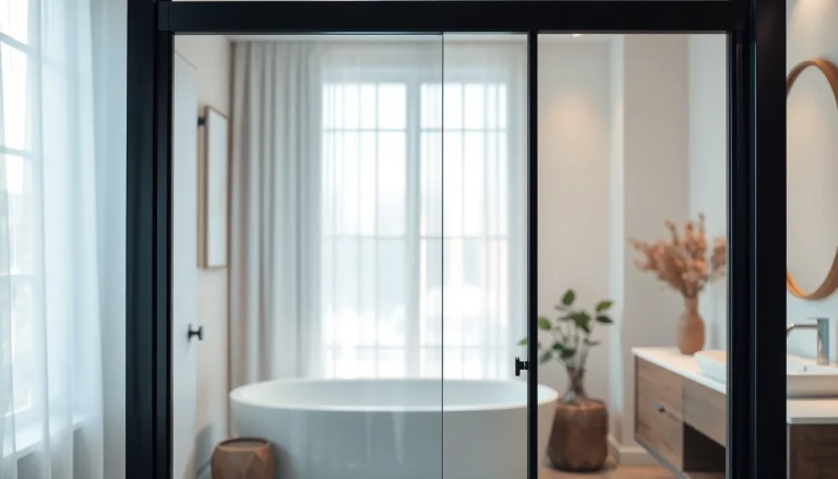 Stylish black frame shower door enhancing a modern bathroom's elegance and sophistication.