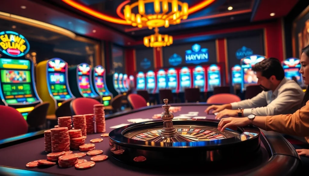 Experience high-stakes excitement at Haywin's poker table surrounded by vibrant casino action.