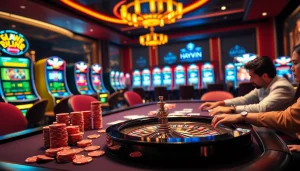Experience high-stakes excitement at Haywin's poker table surrounded by vibrant casino action.