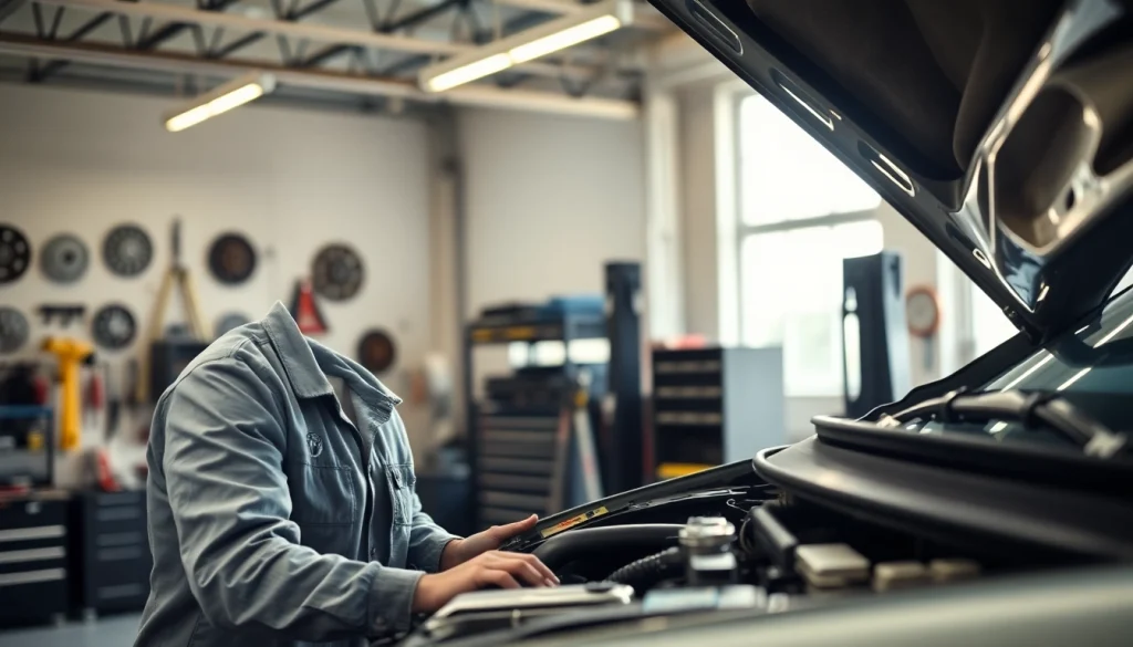 Understand monthly car warranty plans through a mechanic's diligent inspection in a bright service center.