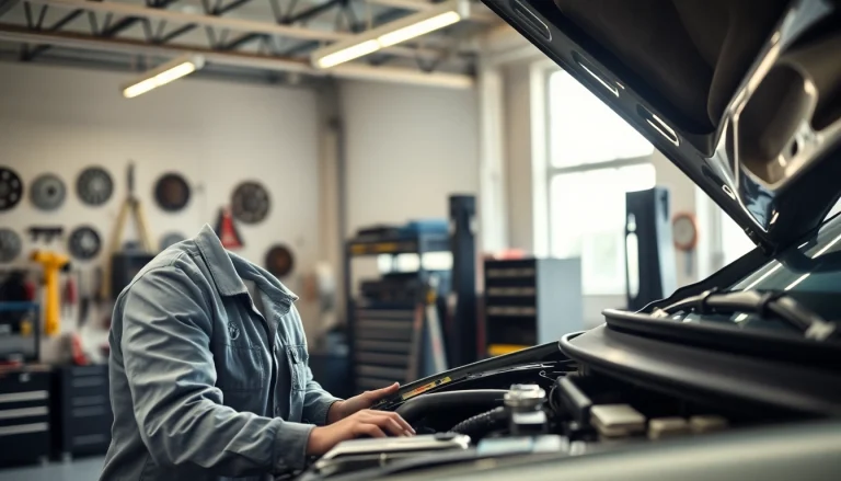 Understand monthly car warranty plans through a mechanic's diligent inspection in a bright service center.