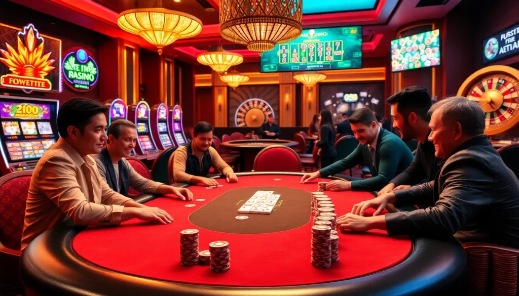 Engaged players at a luxurious casino enjoying a game of Link Mahjong surrounded by vibrant slots and poker tables.