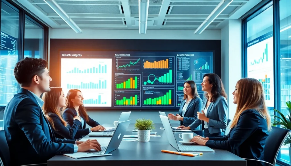 Illustration of diverse professionals sharing business growth insights in a modern office environment