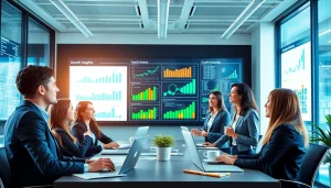 Illustration of diverse professionals sharing business growth insights in a modern office environment