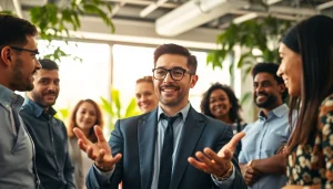Leaders sharing founder leadership insights with a diverse team in a bright office.