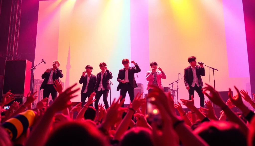 BTS news featuring the iconic K-pop group performing live with vibrant energy and cheering fans.