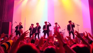 BTS news featuring the iconic K-pop group performing live with vibrant energy and cheering fans.