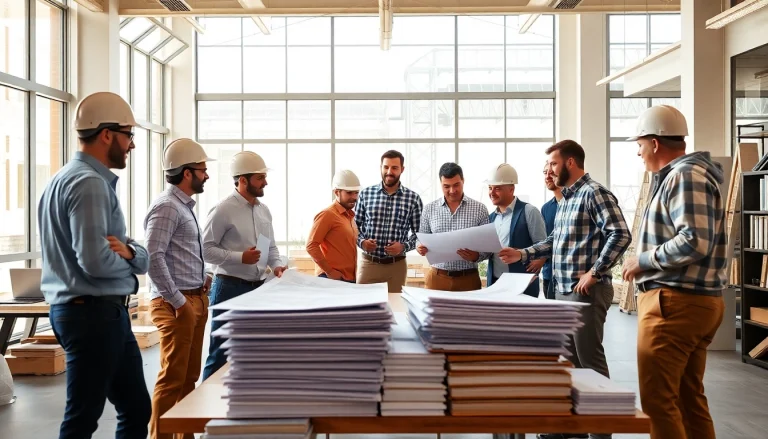 Builders collaborating on plans, representing the Texas association of builders initiative for quality construction.