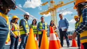 Construction safety training session with diverse professionals wearing safety gear and engaging in hands-on practice.