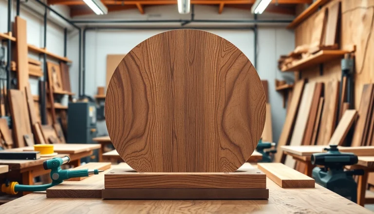 Showcasing a vibrant veneer hub in a woodworking setting with intricate details and professional tools.