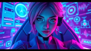 Engaging NSFW character AI interacting in a colorful futuristic digital space.