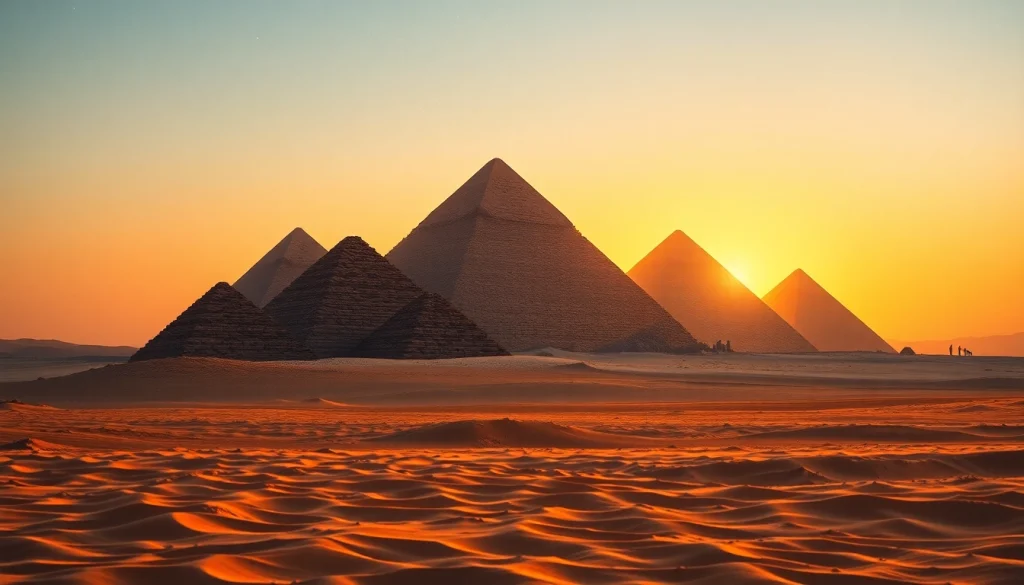 View the ancient piraminds of Giza against a dramatic sunset, illustrating their majestic presence.