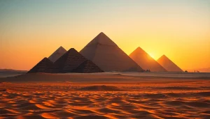 View the ancient piraminds of Giza against a dramatic sunset, illustrating their majestic presence.