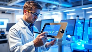 Interact with das 142 technology in a high-tech research lab, showcasing data analysis tools.