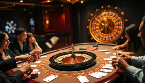 Exciting players at a luxurious S8 gambling table enjoying high-stakes thrills with chips and cards.