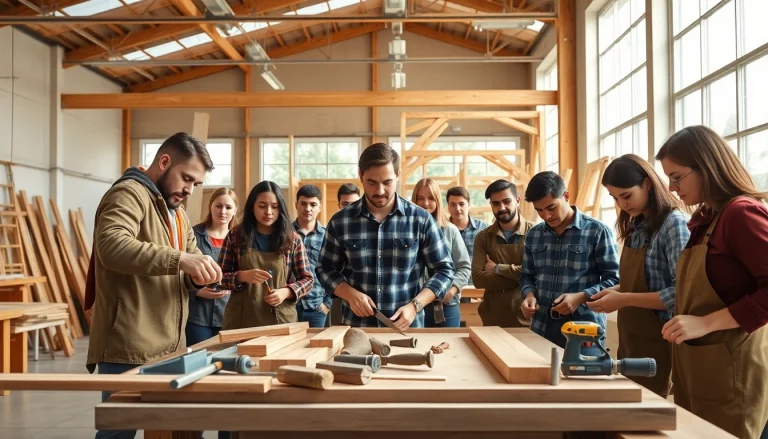 Apprenticeship training in carpentry workshop featuring diverse individuals working with tools, emphasizing Carpentry Apprenticeship Near Me.