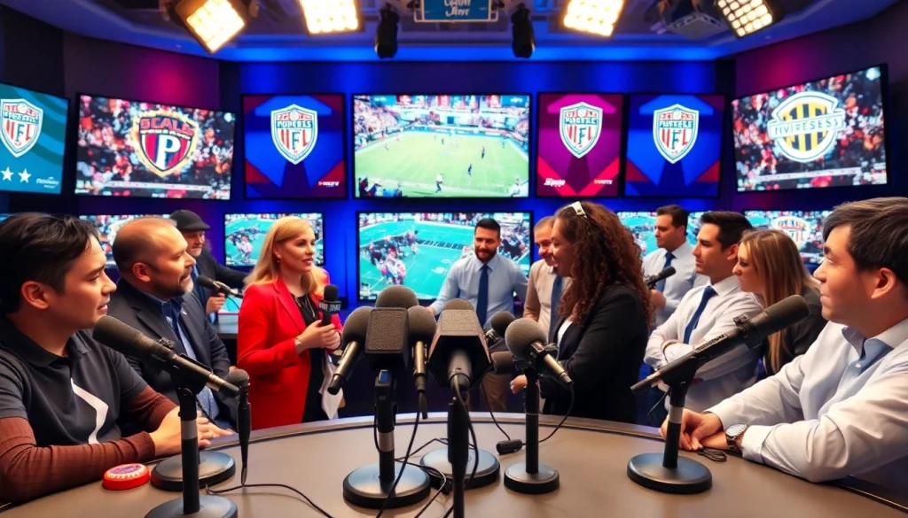 Sports Broadcasting presenters in a vibrant studio with live footage and energetic atmosphere.