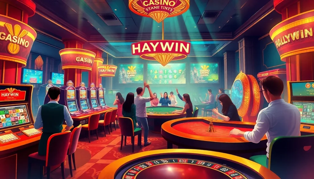 Experiencing Haywin chính thức excitement with vibrant casino tables, slot machines and happy players enjoying their gaming.