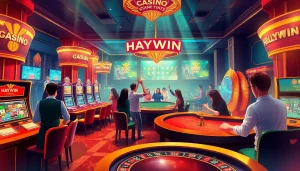 Experiencing Haywin chính thức excitement with vibrant casino tables, slot machines and happy players enjoying their gaming.