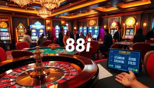 Players engage with 88i betting slips at a luxurious casino, showcasing excitement and strategy in action.