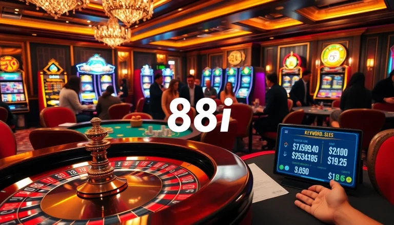 Players engage with 88i betting slips at a luxurious casino, showcasing excitement and strategy in action.
