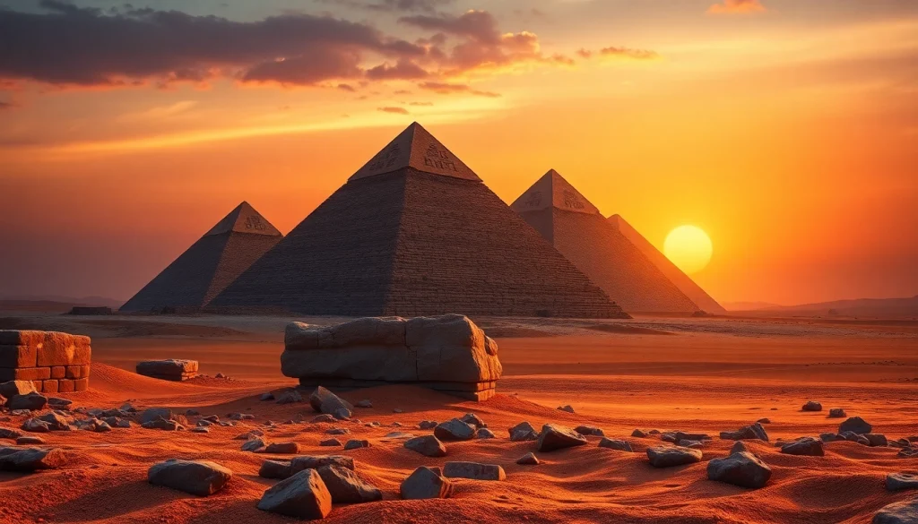 View of ancient Egyptian pyraminds with intricate textures and majestic sunset background.