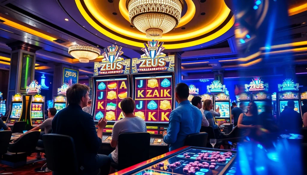 Berinteraksi dengan mesin slot Zeus yang mendebarkan dalam adegan kasino yang penuh semangat.