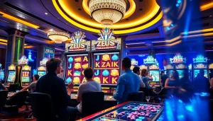 Berinteraksi dengan mesin slot Zeus yang mendebarkan dalam adegan kasino yang penuh semangat.