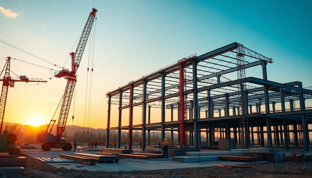 Workers engaged in structural steel construction, assembling metal beams on a construction site.