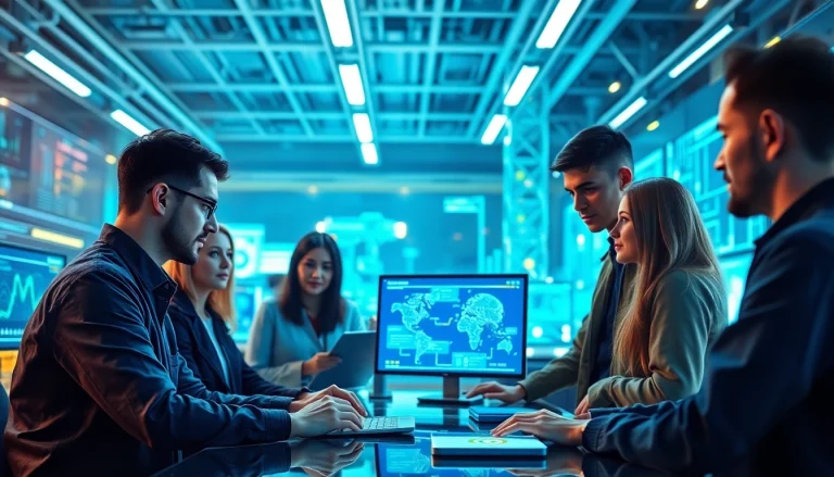 Innovative team developing AI Software in a high-tech workspace.