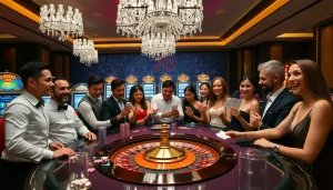 Engaging poker game with diverse players showcasing link 789club excitement at a luxurious casino.