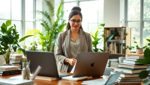 Environmental lawyer analyzing legislation with confidence in a warm, eco-friendly office.