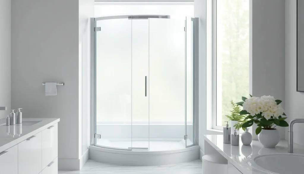 Stylish corner shower enclosure with sleek glass design in a serene bathroom setting.