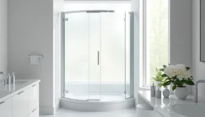 Stylish corner shower enclosure with sleek glass design in a serene bathroom setting.